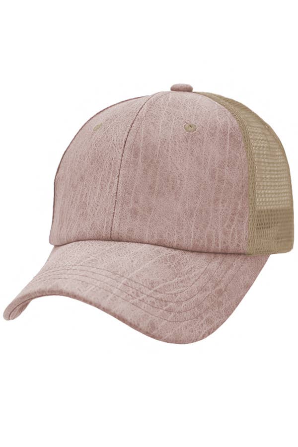 Matte Vintage PU Leather Textured Six Panel Strap Back Truck: Pink