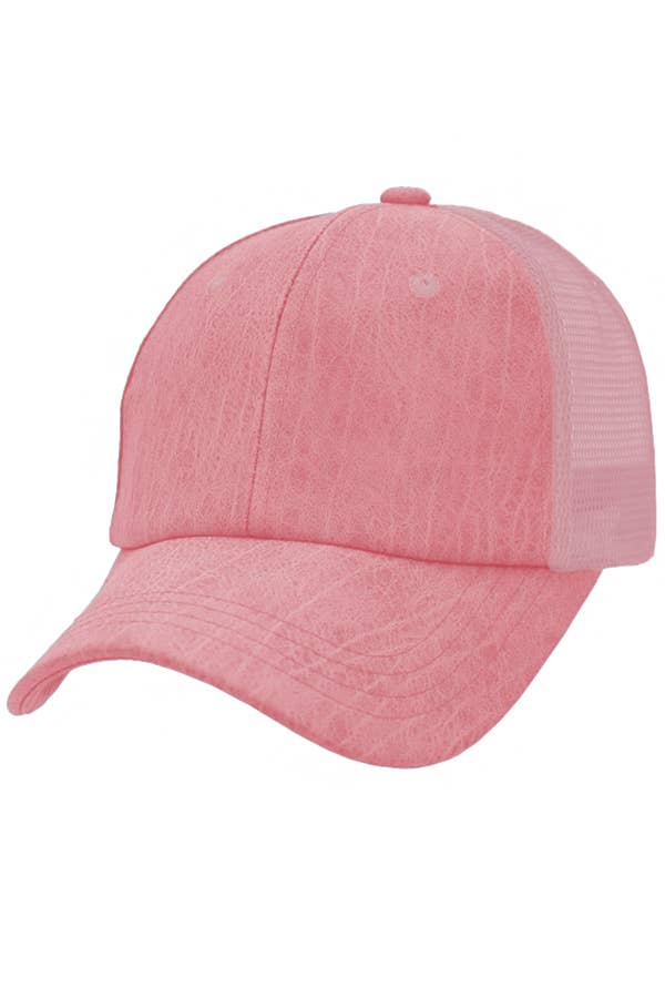 Matte Vintage PU Leather Textured Six Panel Strap Back Truck: Pink